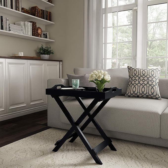 Folding TV Tray Table - Contemporary Side Table with Removable Tray Top for Food Serving, Decor, or Meals - Portable End Furniture for Living Room, Bedroom, or Home Office by Lavish Home (Black)