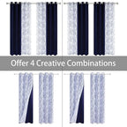 BONZER Mix and Match Curtains - 2 Pieces Branch Print Sheer Curtains and 2 Pieces Blackout Curtains for Bedroom Living Room Grommet Window Drapes, 37x95 Inch/Panel, Indigo, Set of 4 Panels
