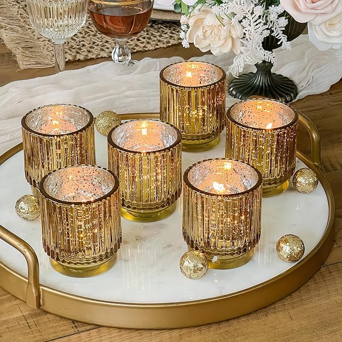 Kate Aspen Vintage Fluted Gold Glass Votive Candle Holders and Tea Lights Candles - Gold Candle Holders Set of 6 for Boho Home Decor, Kitchen Shelf and Bookshelf Decor, Rustic Table Decorations