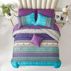 Cottolester Boho Comforter Set King Size 8 Piece Bed in a Bag Bohemian Striped Bedding Quilt Set Aqua Paisley Floral Comforter and Sheet Set,Soft Microfiber Complete Bedding Sets for All Season