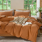 MooMee Bedding Duvet Cover Set 100% Washed Cotton Linen Like Textured Breathable Durable Soft Comfy (Solid Burnt Orange, Super Queen 90"x98")