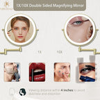 Rechargeable Wall Mounted Lighted Makeup Vanity Mirror 9 Inch Double Sided 1X 10X Magnifying Bathroom Mirror, 3 Color Lighting, Touch Screen Dimming, 360 Rotation Shaving Mirror Gold