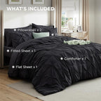 Bedsure Oversized King Comforter Set Black - Bed in a Bag Bedding Set 7 Pieces, GentleSoft™ Pintuck Bed Set Gift for Family, Pinch Pleat Black Comforter with Sheets, Pillowcases & Shams
