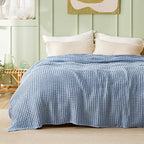 Bedsure Cooling Cotton Waffle Queen Size Blanket - Lightweight Breathable Summer Blanket of Rayon Derived from Bamboo for Hot Sleepers, Luxury Throws for Bed, Couch and Sofa, Fog Blue, 90x90 Inches