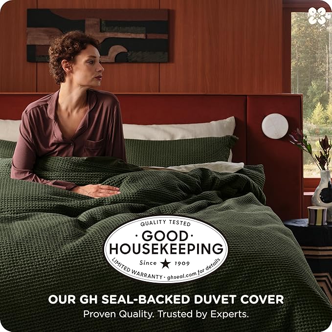 Bedsure Cotton Duvet Cover Queen - 100% Cotton Waffle Weave Olive Green Duvet Cover Queen Size, GentleSoft™ and Breathable Bedding Set for All Season, 3 Pieces, 90"x90"