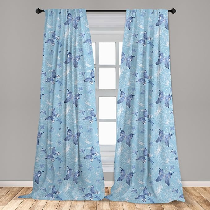 Ambesonne Butterfly Window Curtains, Pastel Color Dragonflies Floral Arrangement Swirls Curves Spring, Lightweight Decor 2-Panel Set with Rod Pocket, Pair of - 28" x 95", White Blue