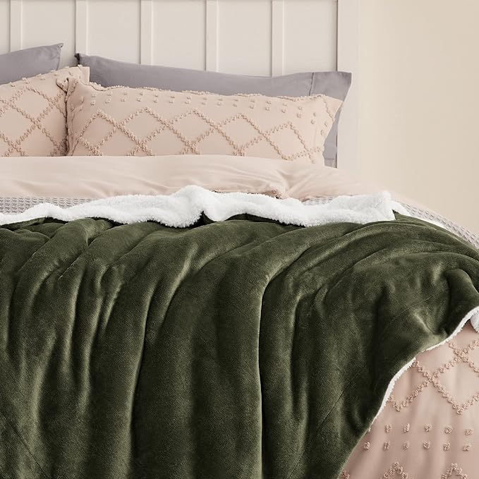 Bedsure GentleSoft Sherpa Fleece Blankets Queen Size for Bed - Thick and Warm Throw for Women and Men, Soft Fuzzy Plush Queen Blanket for Winter, Olive Green, 90x90 Inches