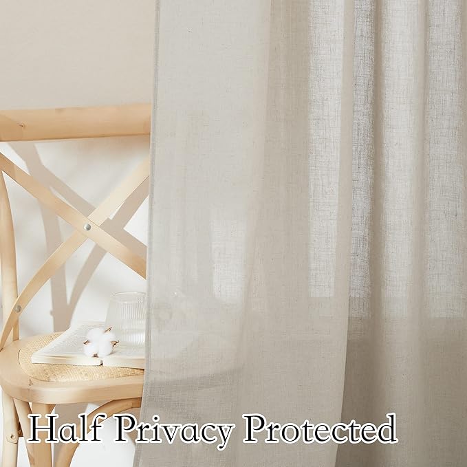 RYB HOME Natural Semi Sheer Curtains for Dining Room Bathroom, Light Filtering Linen Texture 90 inch Length Elegant Farmhouse Window Treatments, W 100 x L 90 inches, Angora, 1 Panel