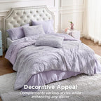 Bedsure Queen Size Comforter Set, Light Purple Boho Tufted Bed Set, 3D Puffy Jacquard Bedding Queen Size, 3 Pieces, 1 Farmhouse Shabby Chic Embroidery Comforter with Bow Pattern & 2 Pillow Cases