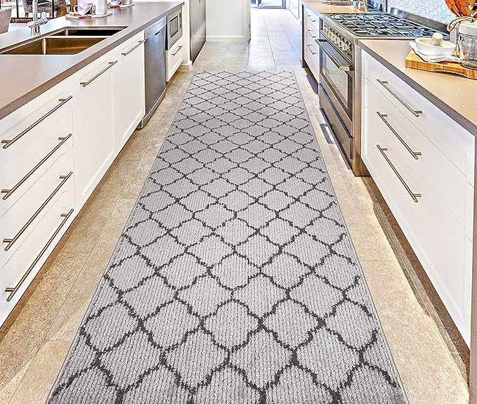 Custom Size Modern Runner Rug Carpet for Hallway Entryway Foyer Kitchen, Slip Resistant Latex Rubber Backed 31 inch Wide X Customized Length, Trellis Grey, 31 inch X 27 feet