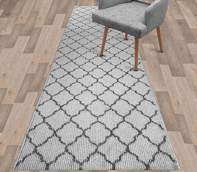Custom Size Modern Runner Rug Carpet for Hallway Entryway Foyer Kitchen, Slip Resistant Latex Rubber Backed 31 inch Wide X Customized Length, Trellis Grey, 31 inch X 16 feet