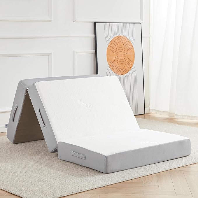 Folding Mattress, 6 Inch Memory Foam Tri-fold Mattress with Breathable & Washable Bamboo Fiber Fabric Cover, Foldable Floor Guest Bed for Camping, Road Trip, Twin