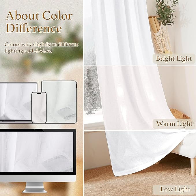 RYB HOME White Semi Sheer Curtains, Light Filtering Privacy Protection 2 Panels Set Linen Textured Small Window Treatments for Living Room Dining Bedroom, W 42 x L 54 inches, White, 2 Panels