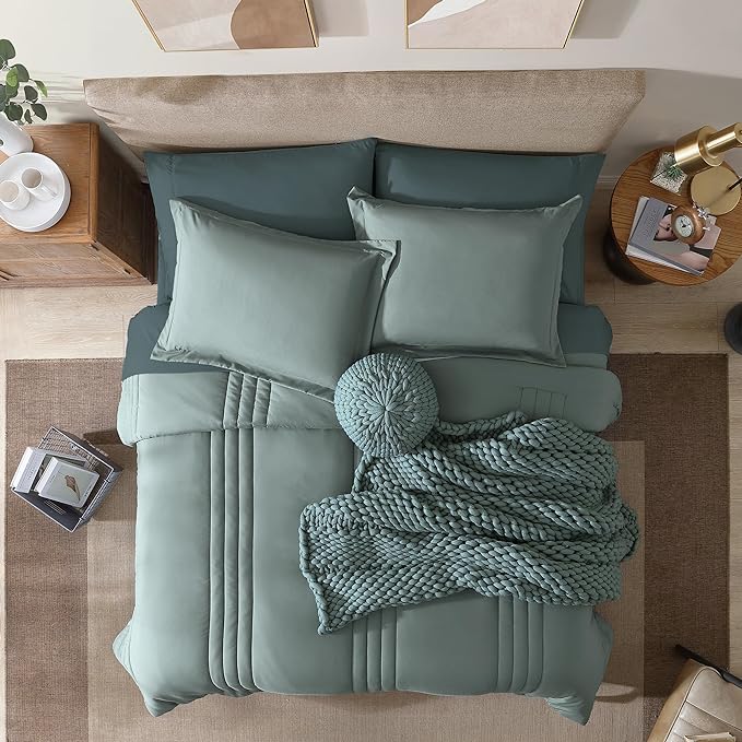 Monbix King Size Comforter Set - 7 Pieces Bed in a Bag King, Sage Green Bedding Sets with Comforter, All Seasons Comforter Bed Set with Sheets, Pillowcases & Shams