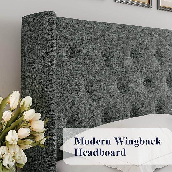 Allewie Full Size Lift Up Storage Bed, Button Tufted Headboard with Wingback, Hydraulic Support, No Box Spring Needed, Dark Grey