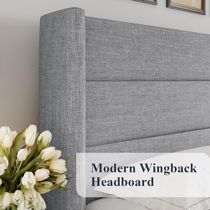 Allewie Full Size Lift Up Storage Bed, Modern Wingback Headboard, Hydraulic Support, No Box Spring Needed, Light Grey
