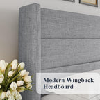 Allewie Full Size Lift Up Storage Bed, Modern Wingback Headboard, Hydraulic Support, No Box Spring Needed, Light Grey