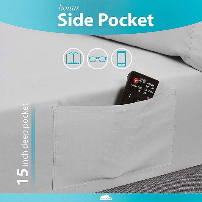 DREAMCARE Twin Sheets Set – 3pcs Cooling Sheets – up to 15” Deep Pocket Twin Sheet Set – Hotel Luxury Sheets & Pillowcases – Superior Softness 100% Fine Microfiber with Side Pocket – Light Gray