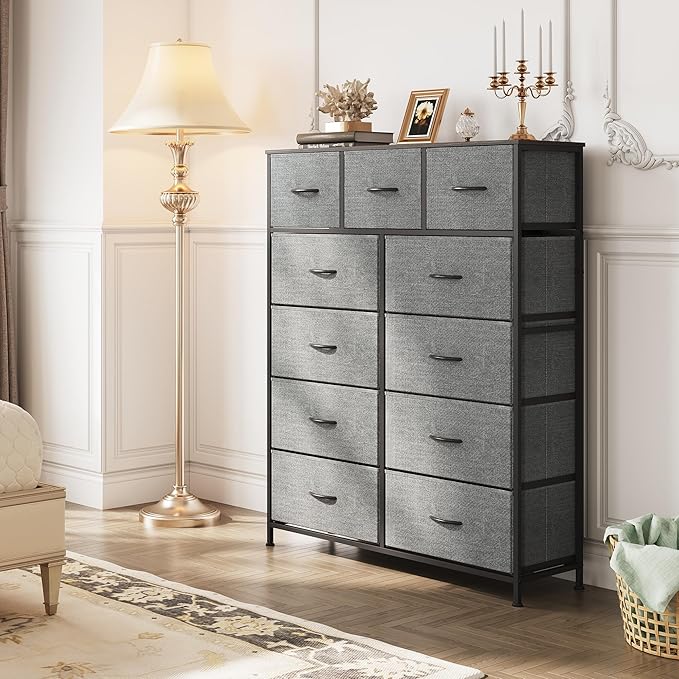 WLIVE Storage Organizer Unit with 11 Fabric Bins, Storage Drawers Organizer with Steel Frame, Tall Storage Tower Organizaton for Living Room, Hallway, Office, Light Grey