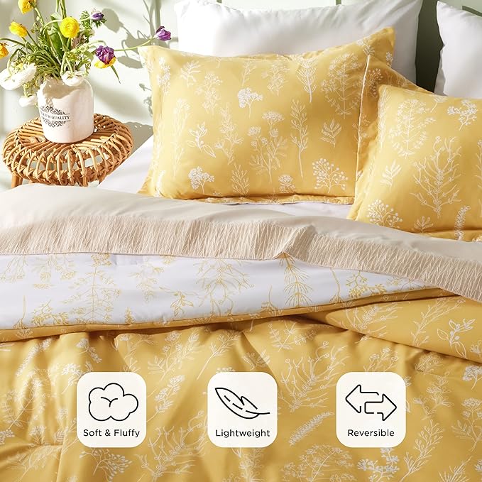 Bedsure Twin/Twin XL Comforter Set - Yellow Bed Set, 2 Pieces Cute Floral Bedding, 1 Soft Reversible Botanical Flowers Comforter and 1 Pillow Sham