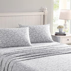 Laura Ashley - Flannel Sheets King Size, Anti-Pilling & Wrinkle Resistant Cotton, Touchably Soft for All-Season Comfort - Bed Sheets with Matching Pillowcases & Fitted Sheet (Crestwood Pastel Grey)