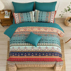 Cottolester Boho Queen Size Comforter Set 8 Pieces,Green and Brown Bohemian Striped Bed in a Bag,Floral Soft Microfiber Bedding Comforter Set