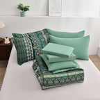 Boho Green Comforter Set King Size,8 Piece Bed in a Bag Bohemian Striped Bedding Quilt Set,Dark Green Paisley Floral Comforter and Sheet Set,Soft Microfiber Complete Bedding Sets for All Season