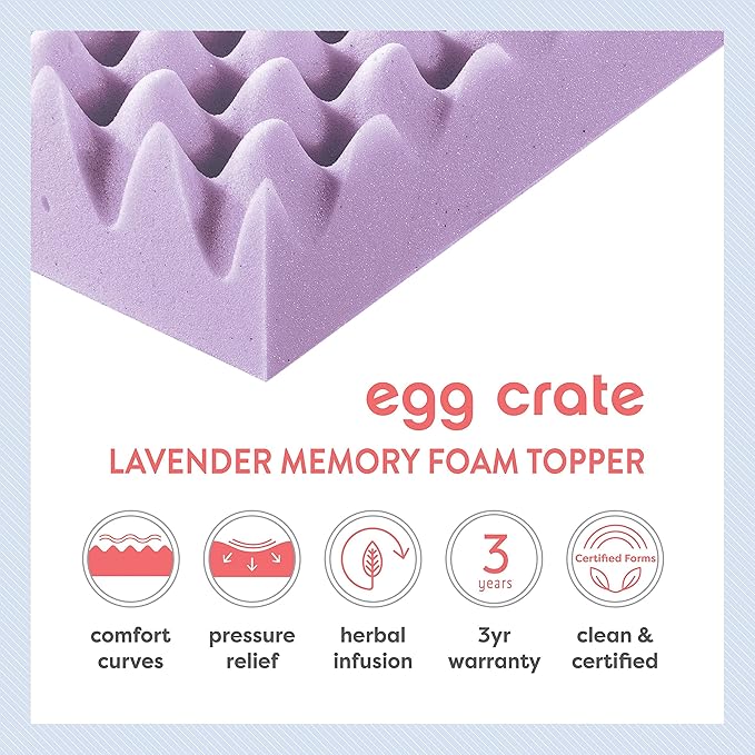 Best Price Mattress 3 Inch Egg Crate Memory Foam Mattress Topper with Soothing Lavender Infusion, CertiPUR-US Certified, Dorm Essentials, Twin XL