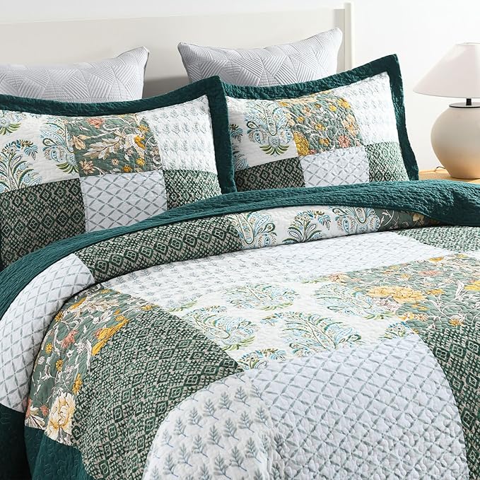 Secgo California King Quilt Size - 100% Cotton Oversized California Comforter Set Bedding Sets (120 * 110 Inch) with 2 Pillow Shams, Patchwork Reversible Lightweight Bedspread
