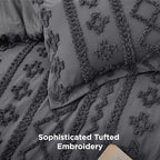 Bedsure Tufted Boho Comforter Set Queen Size - Dark Grey Boho Bed Set, GentleSoft™ 3 Pieces Farmhouse Shabby Chic Embroidery Bedding, Gifts for Woman, Soft Jacquard Queen Comforter for All Seasons