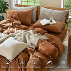 MooMee Bedding Duvet Cover Set 100% Washed Cotton Linen Like Textured Breathable Durable Soft Comfy (Solid Dark Orange, Super Queen 90"x98")