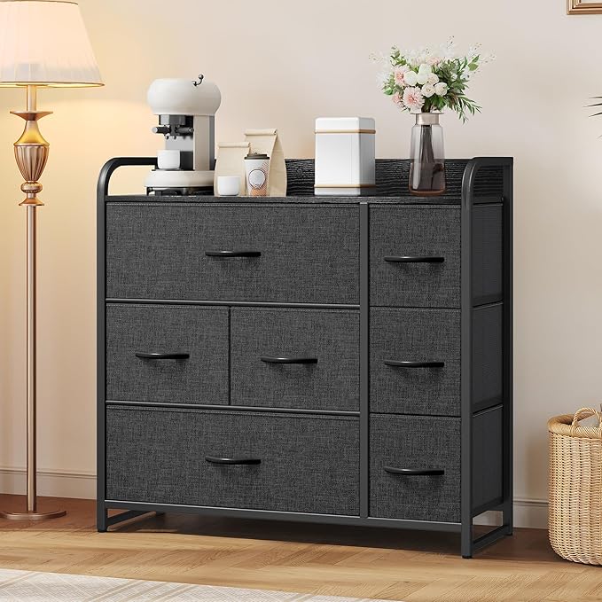YITAHOME Fabric Dresser with 7 Drawers - Storage Tower with Large Capacity, Organizer Unit for Living Room - Sturdy Steel Frame, Easy Pull Fabric Bins & Wooden Top (Black/Grey)