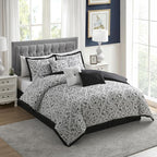 Queen Comforter Set - Complete 7-Piece Bedding Collection - 1 Comforter, 2 Pillow Shams, 1 Bed Skirt & 3 Decorative Accent Pillows - Premium Quality, Queen, Black/White Damask