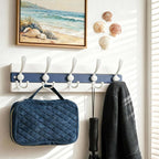 SKOLOO Coastal Wall Mounted Coat Rack - 17" Beach House Entryway Wooden Coat Hook with 5 Hooks for Hanging Coats, Hats or Towels, Oceanfront Cottage Core Collection, White & Blue