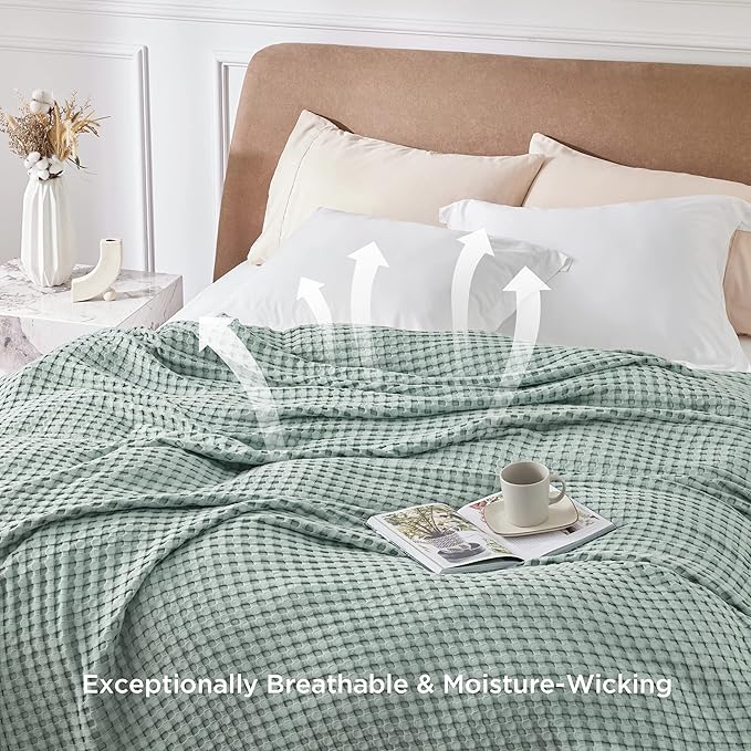 Bedsure Cooling Cotton Waffle King Size Blanket - Lightweight Breathable Blanket of Rayon Derived from Bamboo for Hot Sleepers, Luxury Throws for Bed, Couch and Sofa, Sage Green, 104x90 Inches