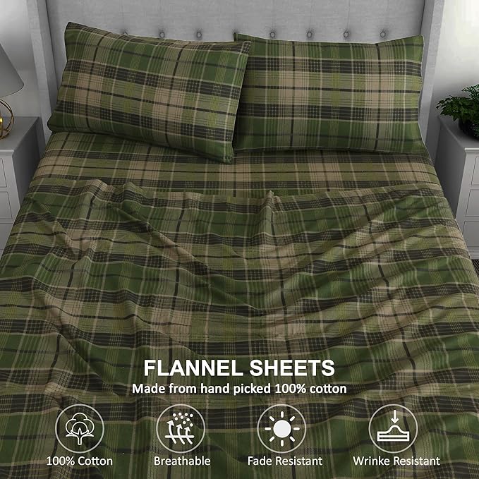 RUVANTI Flannel Sheets King Size - 100% Cotton Brushed King Size Sheets Set - Deep Pockets 16 Inches Bed Sheets - All Seasons Breathable & Extra Soft - Warm & Cozy, 4 Piece, DNA Plaid