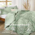 Bedsure Tufted Boho Comforter Set Queen Size - Sage Green Boho Bed Set, GentleSoft™ 3 Pieces Farmhouse Shabby Chic Embroidery Bedding, Gifts for Woman, Soft Jacquard Queen Comforter for All Seasons