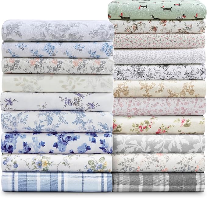 Laura Ashley - Flannel Sheets Queen Size, Anti-Pilling & Wrinkle Resistant Cotton, Touchably Soft for All-Season Comfort - Bed Sheets with Matching Pillowcases & Fitted Sheet (Audrey Blue)