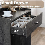 LIKIMIO Small Makeup Vanity Desk with Mirror and Lights, Vanity Table Set with Storage Drawer, Chair and Three Shelves, Bedroom, Charcoal Grey