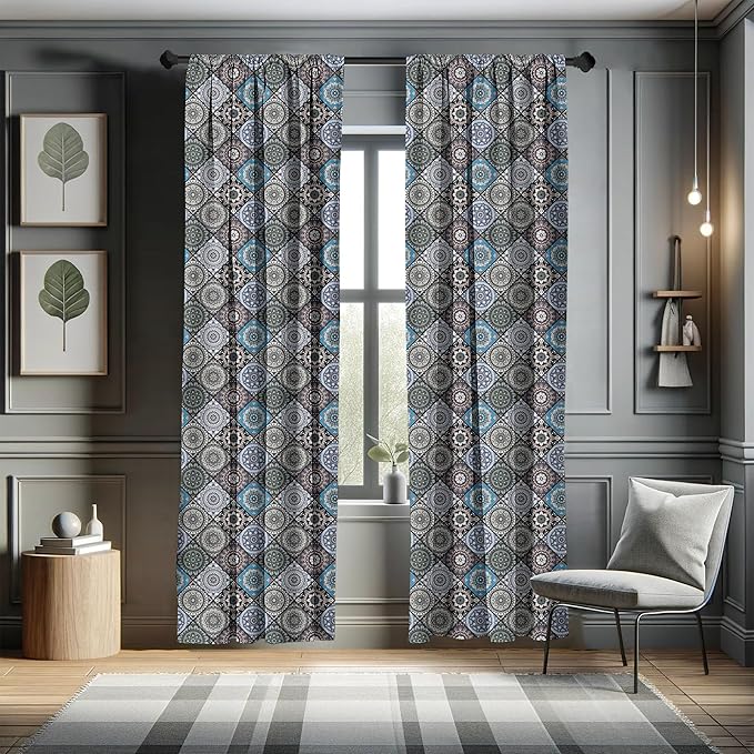 Ambesonne Moroccan Curtains, Detailed Flower Designs with Checkered Pattern and Antique Cultural Inspirations, Window Treatments 2 Panel Set for Living Room Bedroom, Pair of - 28" x 63", Blue Black