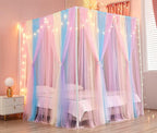 Akiky Canopy Bed Curtains with Lights 4 Corner Post Bed Canopy for Adults Girls, Rainbow Bed Drapes Netting-8 Panel Curtains,Full/Queen