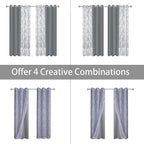BONZER Mix and Match Curtains - 2 Pieces Branch Print Sheer Curtains and 2 Pieces Blackout Curtains for Bedroom Living Room Grommet Window Drapes, 37x95 Inch/Panel, Light Grey, Set of 4 Panels