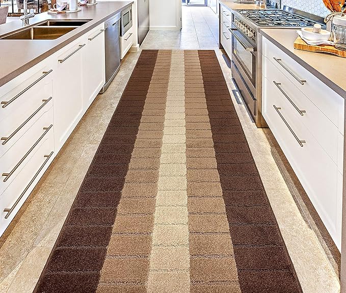 Custom Size Modern Geometric Pattern Carpet Runner Rug for Hallways, Slip Resistant Latex Rubber Backed, 31 inch Wide X Customized Length, Squares Brown, 31 inch X 28 feet