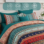 Boho Comforter Set California King Size 8 Pieces,Green and Brown Bohemian Striped Bed in a Bag,Floral Soft Microfiber Bedding Comforter Set for All Seasons