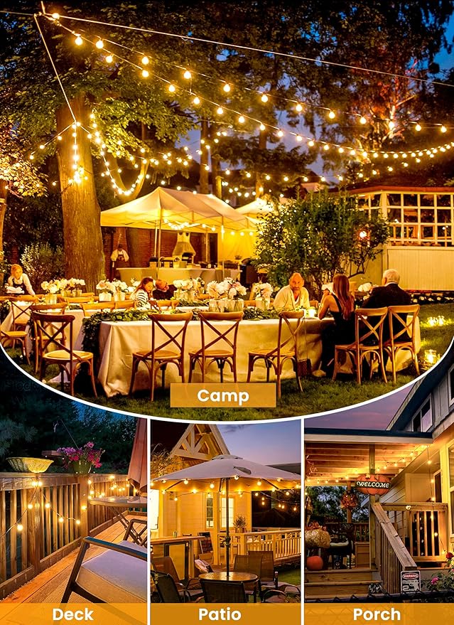 Outdoor String Lights 25 Feet G40 LED Patio Lights, Plug-in, 13 Plastic Edison Bulbs(1 Spare), Waterproof Connectable Hanging Light for Backyard Porch Balcony Party Decor, E12 Base, Black