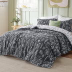 Bedsure Queen Comforter Set - Dark Grey Bed Set, 3 Pieces Cute Floral Bedding, 1 Soft Reversible Botanical Flowers Comforter and 2 Pillow Shams