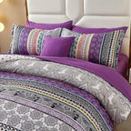 Cottolester Boho Comforter Set King Size 8 Piece Bed in a Bag Bohemian Striped Bedding Quilt Set Purple Paisley Floral Comforter and Sheet Set,Soft Microfiber Complete Bedding Sets for All Season