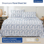 DREAMCARE Queen Size Sheets - Floral Sheets Queen Size Bed Set - 4pcs Queen Sheet Set - Cooling Bed Sheets - Queen Size Sheet Sets - Soft & Long Lasting 100% Brushed Floral Bed Set - Floral Blue
