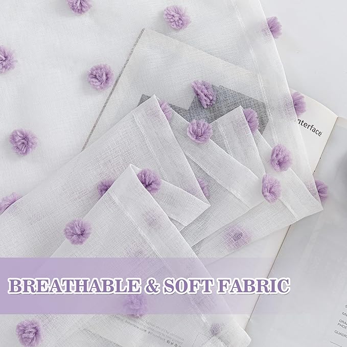 MYSKY HOME Purple Curtains for Girls Bedroom 84 Inch Long White Sheer Curtains with Lilac Pom Pom for Living Room Nursery Curtains 2 Panels Light Filtering Rod Pocket Semi Window Drapes 52 x 84 inch