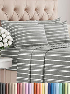 Full 6 Piece Sheet Set - Comfy Breathable & Cooling - Soft Hotel Luxury Bedding Set with 8-16 Inch Deep Pockets - 1 Flat & 1 Fitted Sheet & 4 Pillowcases - Wrinkle Free & Easy Care - Grey Stripes 3